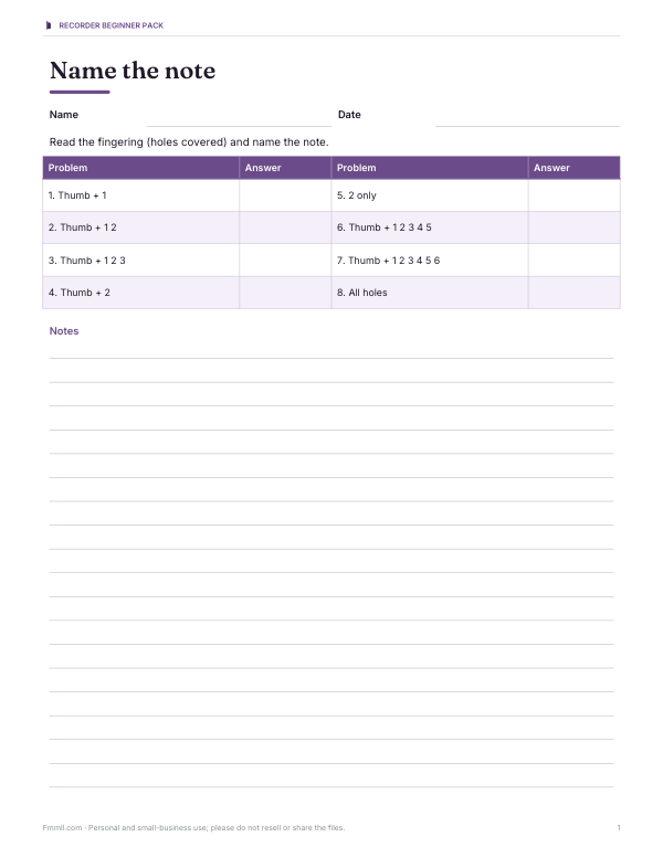 Preview of Printable Recorder Note Naming Sheet